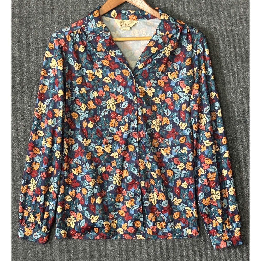 Vintage 1970s Sears The Shirt Perma-Prest Fall Leaf Print Blouse Women Size‎ 12